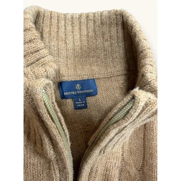 Brooks Brothers Sweater Mens L Tan Cable Knit 1/4 Zip Wool Mock Neck Pullover - Picture 3 of 9